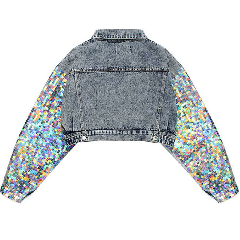 Fashion Denim Jacket Handmade Sequins Women's Jeans Slim Short Jeans Jacket Shimmer Spliced Jeans Coat Casual Girls Outwear 201017