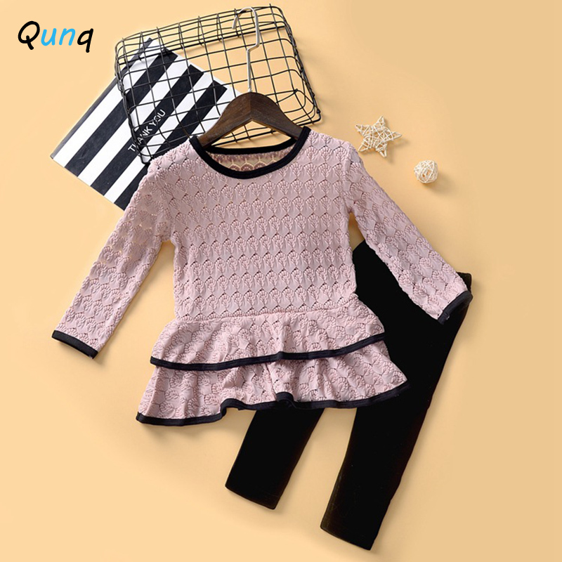 Sweet Girls Clothing Set Pink Long Sleeve Ruffle Shirts Black Velvet Children Suits Spring Fall Toddler Kids Clothes for GirlX1019