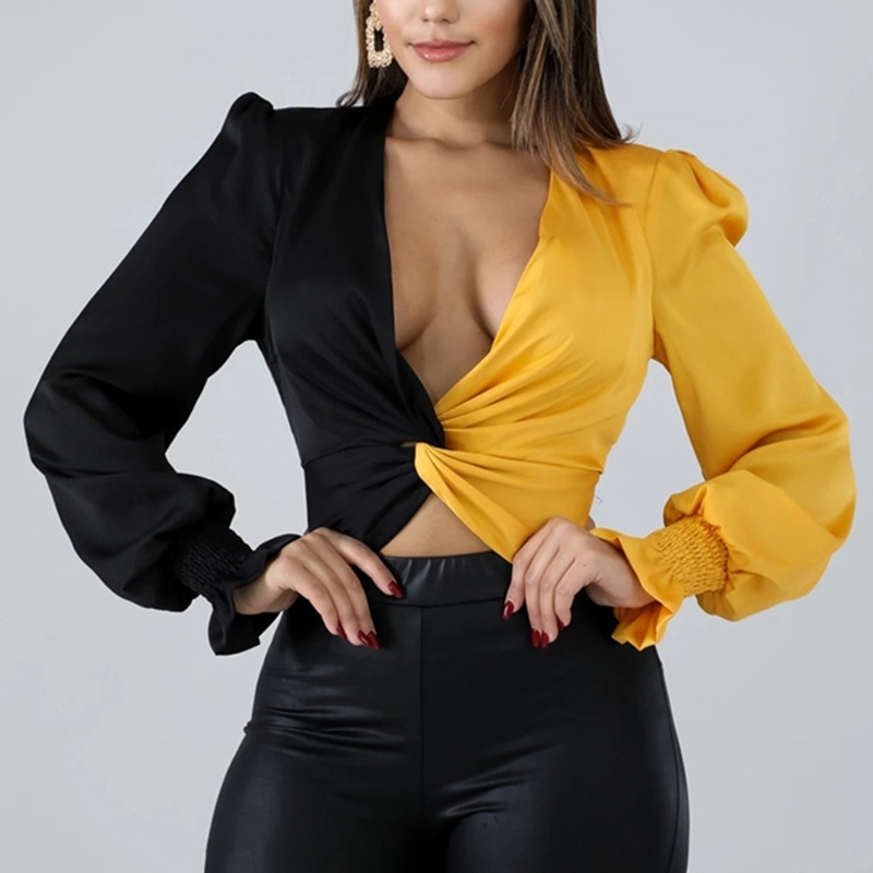 Fashion Colorblock Twist Front Deep V Neck T Shirts Women Long Sleeve Casual Crop Tops Streetwear T200616