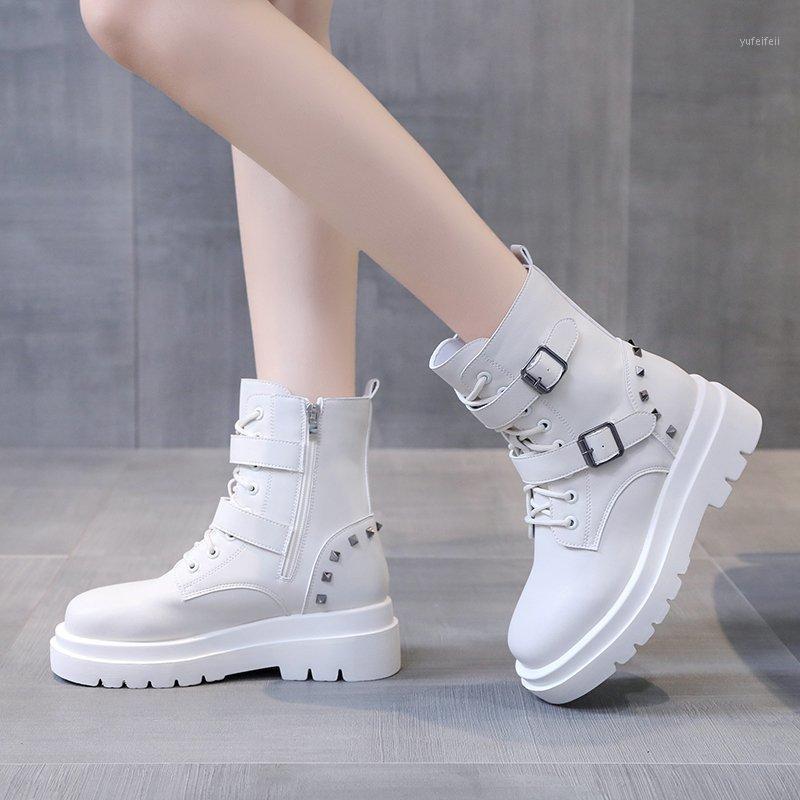 Booties for Ladies Nice Women's PU Leather Rivet Buckle Motorcycle Boots Lace Up Platform Boots Woman Non-slip Short1, White 
Booties for Ladies Nice Women's PU Leather Rivet Buckle Motorcycle Boots Lace Up Platform Boots Woman Non-slip Short1, White