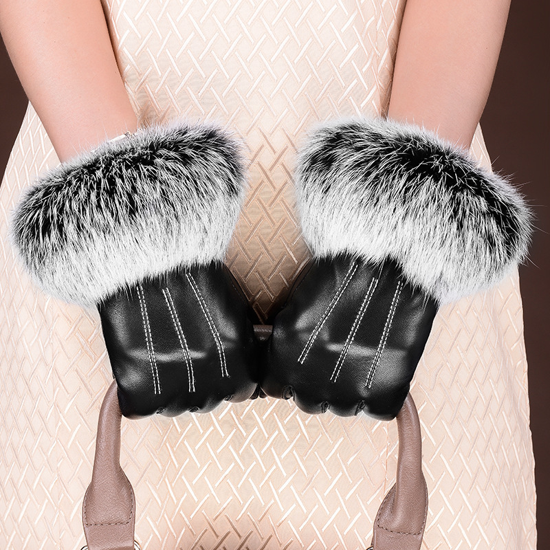Winter black sheepskin Mittens Leather Gloves For Women Rabbit Fur Wrist Top Sheepskin Gloves Black Warm Female Driving Gloves 201104