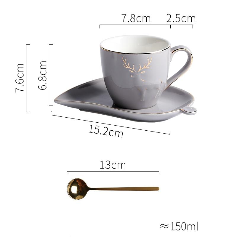 Nordic Elk Golden Edge Coffee Mug With Leaf Shape Tray Teaspoon Set Cafe Household Tumbler Cappuccino Espresso Cup Holder