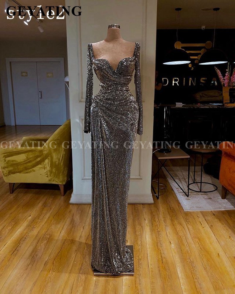 Dubai Gray Sequin One Shoulder Mermaid Evening Dress Long Sleeve High Slit African Prom Dresses High Neck Arabic Formal Gowns T200604