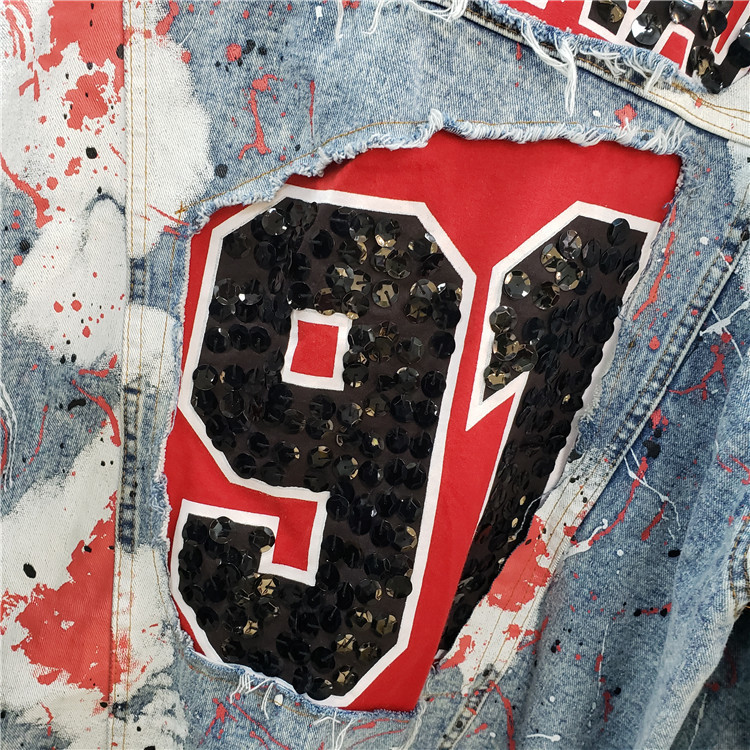 Village Ripped Jeans Jackets Women Spring Autumn New Street Wear Graffiti Printing Sequins Loose Jeans Coat Female Denim Coats T200828