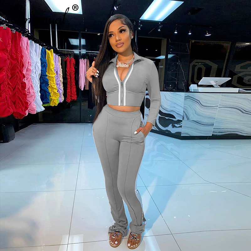 Simenual Sporty Casual Patchwork Women Two Piece Set Long Sleeve Workout Active Wear Outfits Zipper Top And Flare Pants Sets Hot T200817