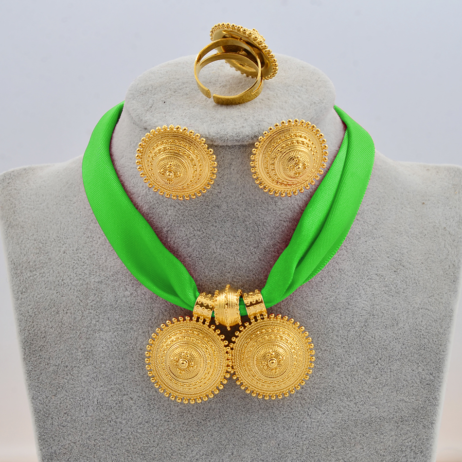 Anniyo DIY Rope Chain Ethiopian Jewelry Set Gold Color Eritrea Ethnic Style Habesha Pendant Earrings Ring #217106 201222