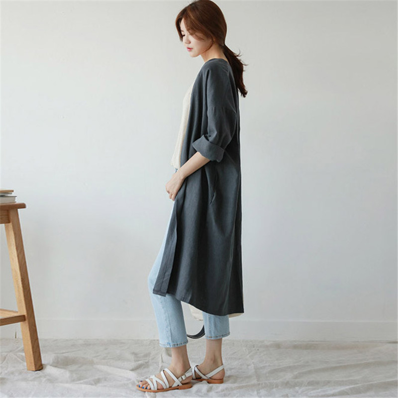 Johnature Summer New Solid Color Linen Long Sunscreen Cardigan Trench Casual All Match Loose Full Sleeve Women Coats 201102