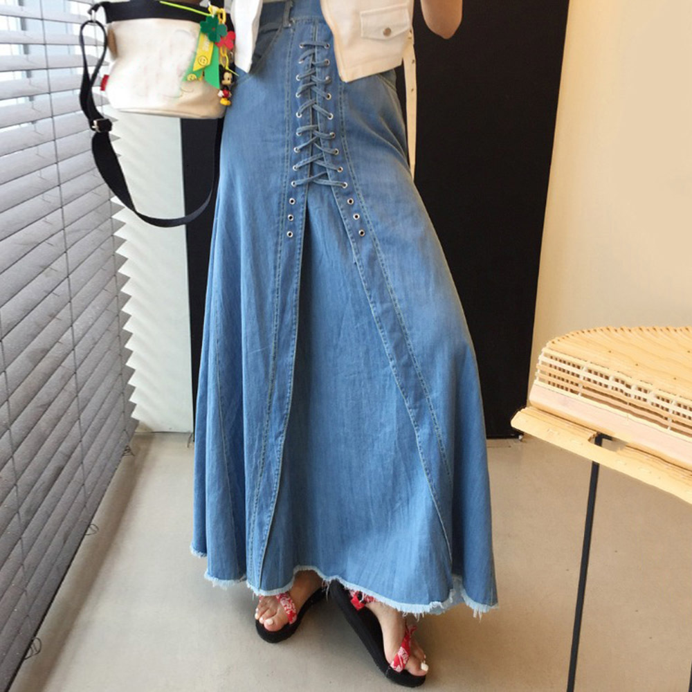 2021 New Women Denim Skirt Autumn Designer Korean Style Chic Retro High Waist Lace Up Split A-line Fashion Tassel Maxi Long Skirts UDGK, Blue
2021 New Women Denim Skirt Autumn Designer Korean Style Chic Retro High Waist Lace Up Split A-line Fashion Tassel Maxi Long Skirts UDGK, Blue