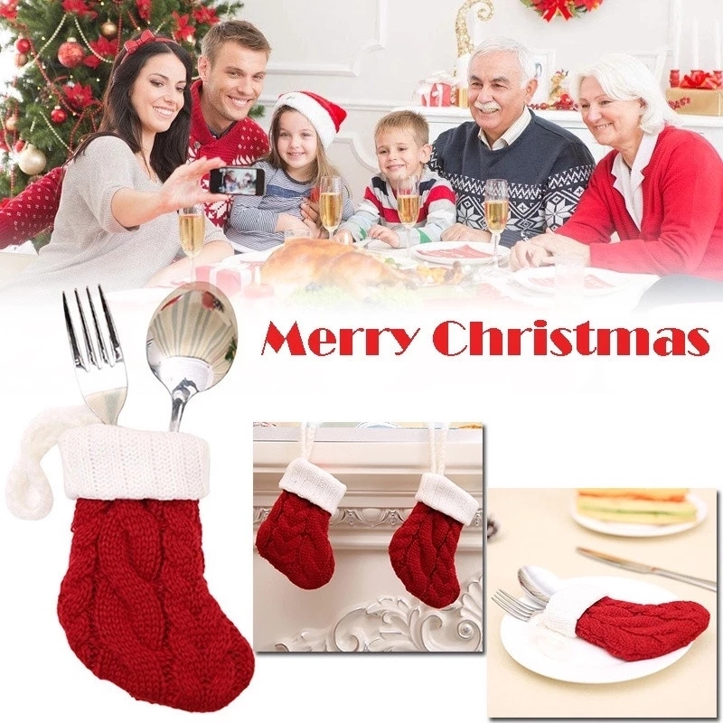 

Mini Christmas Knit Sock Decorations For Cutlery Knife And Fork Stocking Bag Cover Pocket Xmas Candy Pouch Gifts Bag