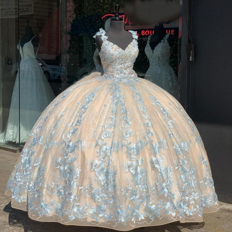 Real Image Blue And Champagne Quinceanera Dress Ball Gown 3D Flowers Flroal Applique Sweetheart Lace-up Sweet 16 Dress Ball Gown Prom Long