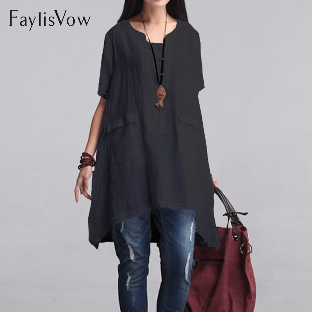 Vintage Round Neck Cotton Linen Blouse Women Plus Size Loose Short Sleeve Long Blouses Top Female Irregular Hem Shirt Blouse 5xl Y200930