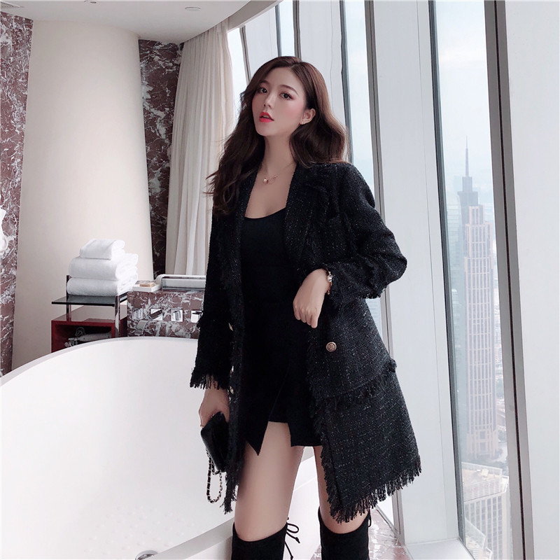 Vintage Notched Collar Tweed Tassel Patchwork Jacket Women Black Casual Double-Breasted Jackets Long Sleeve Wool Outerwear 201106