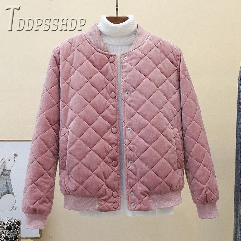 Lightweight Velvet Women Parkas Rhombus Covered Button Short Style Female Coat 201019