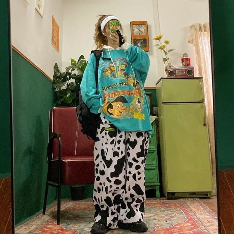 QWEEK Cow Print Pants Women Loose Wide Leg Pants for Women Streetwear Women Oversized Trousers Plus Size Print Palazzo Pants 201228