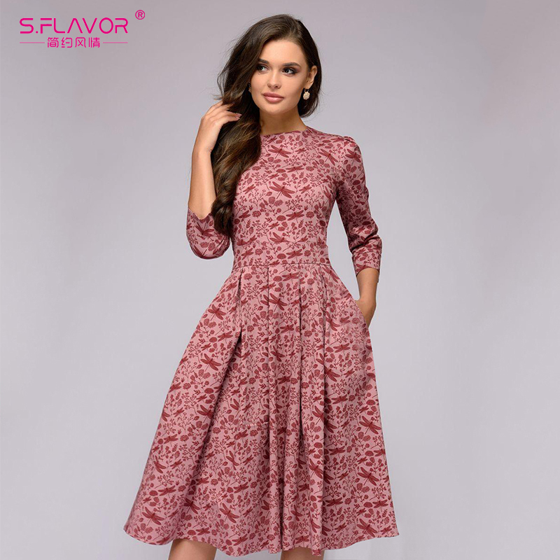 S.FLAVOR Elegant A-line Winter Dress Vintage printing Slim Party Dress Three Quarter Sleeve women autumn Casual Midi Dress 201029