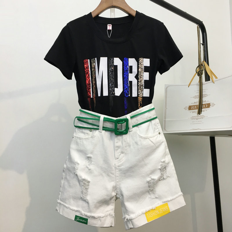2020 Summer Cotton Womens Tracksuit Clothes Set 2 Piece Sequin Harajuku Letter Tops White Jeans Shorts Pants Outfit Suit 3XL T200603