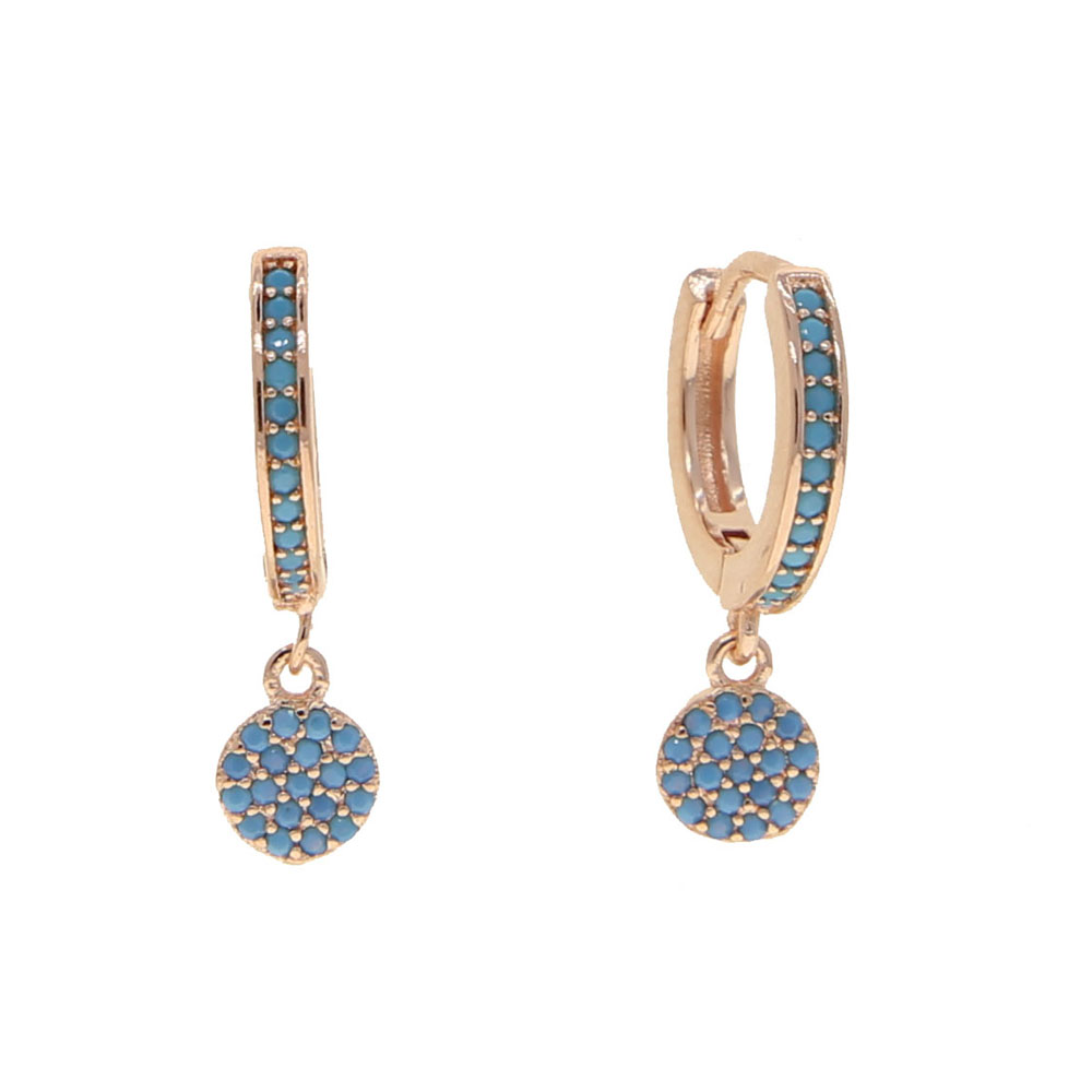 Geometric Round Dots Disco Charm Hoop Earring Rose Gold Color Blue Opal Micro Pave Blue Stone Studs Fashion Women Jewelry Gift