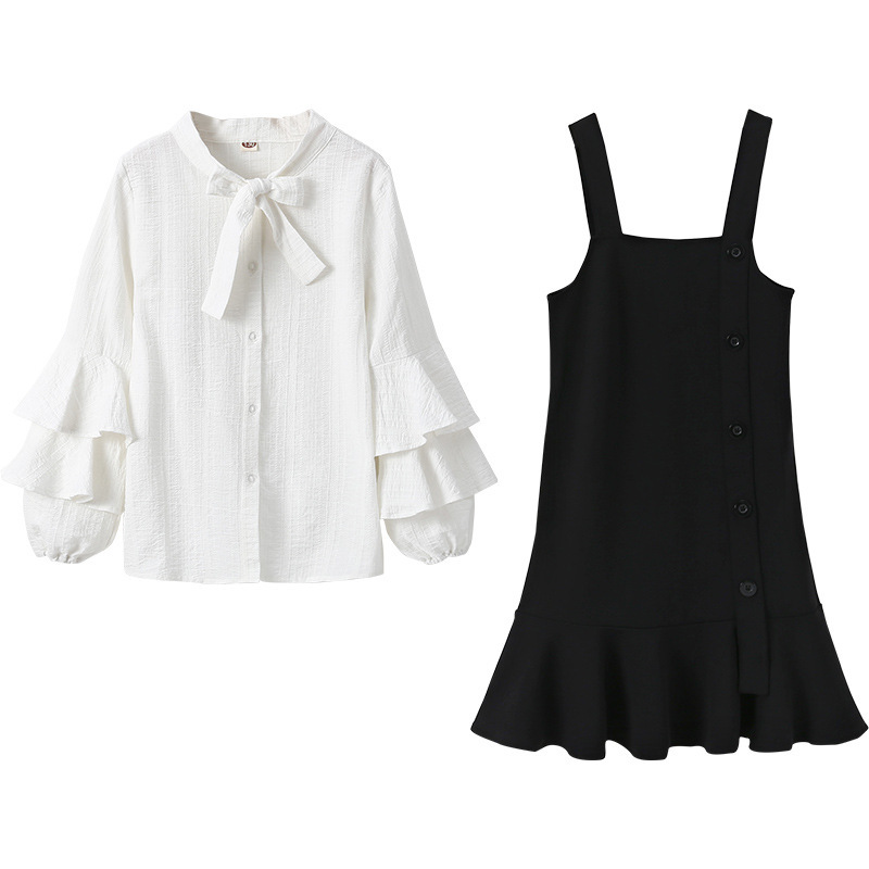 Girls Cotton Clothing Set Autumn 2020 New Kids Girks Solid Blouse and Strap Dress Set Teenage Girls Elegant Two Piece Set, #8912 Y1117