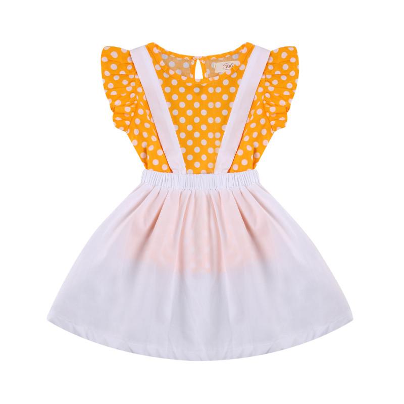 2 Pieces Kids Suit Set, Girls Polka Dot Print Round Neck Sleeve Pullover+ Solid Color Suspender Skirt, Yellow
2 Pieces Kids Suit Set, Girls Polka Dot Print Round Neck Sleeve Pullover+ Solid Color Suspender Skirt, Yellow