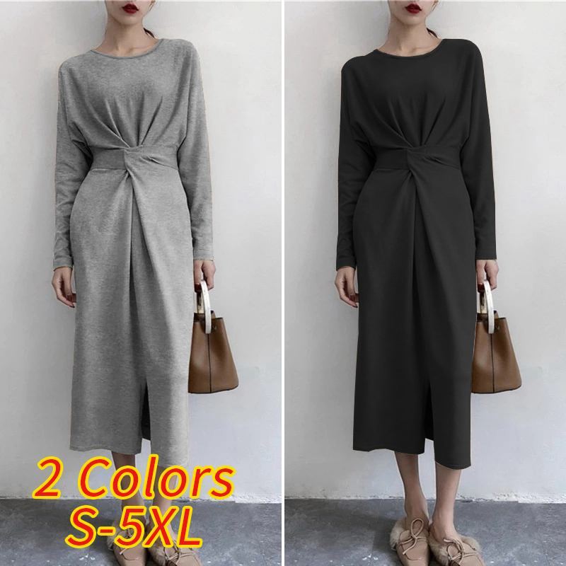 Autumn Winter Basic Dress Women Casual Solid Color O Neck Long Sleeve Long Dresses VONDA New Fashion Elegant Vestidos 5XL 201008