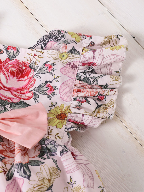 Baby Girl Bow Front Floral Print Dress With Headband SHE
