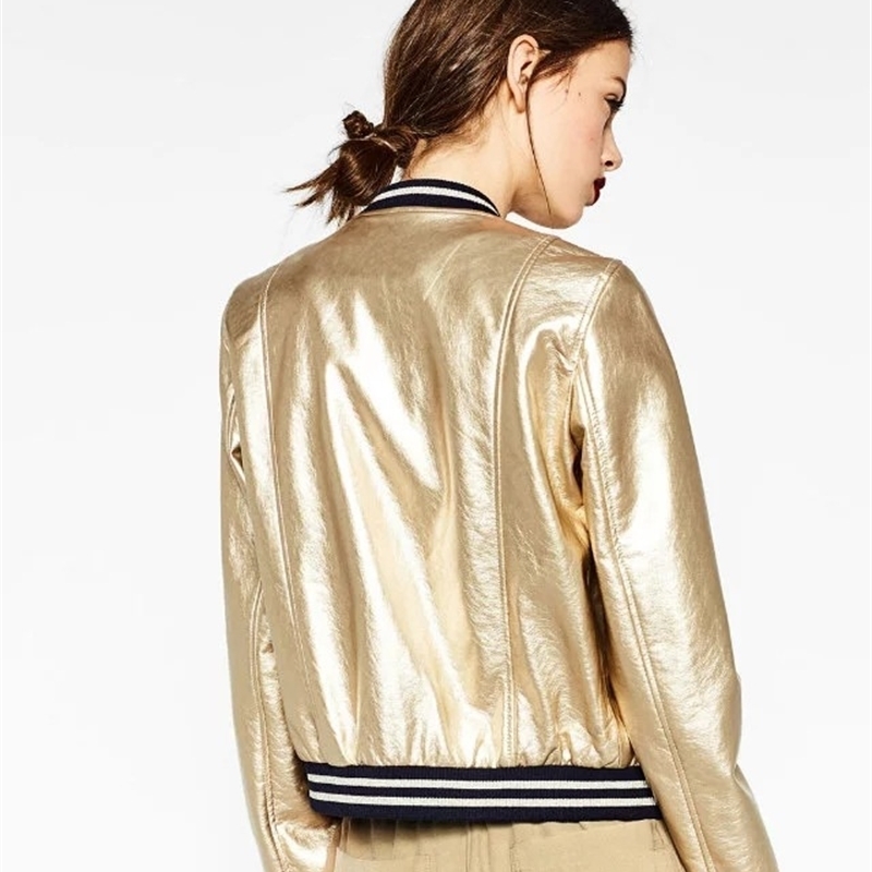 Spring Cool Fashion Gold PU Leather Jacket Female Bomber Coat Stand Collar Striped Patchwork Silver Women's Jackets Streetwear 201112