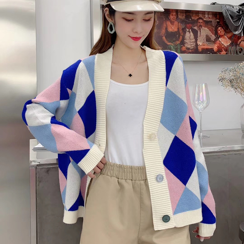 V Neck Knit Oversize Female Cardigan Winter Argyle Single-Breasted Women's Sweater coat Autumn Loose Knit Cardigan Jacket 201031