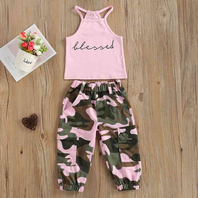 Summer Toddler Girl Sleeveless Letter Printed High Neck Halter Tops Camouflage Printed Long Pants 2pcs Outfits Children Clothing, White
Summer Toddler Girl Sleeveless Letter Printed High Neck Halter Tops Camouflage Printed Long Pants 2pcs Outfits Children Clothing, White