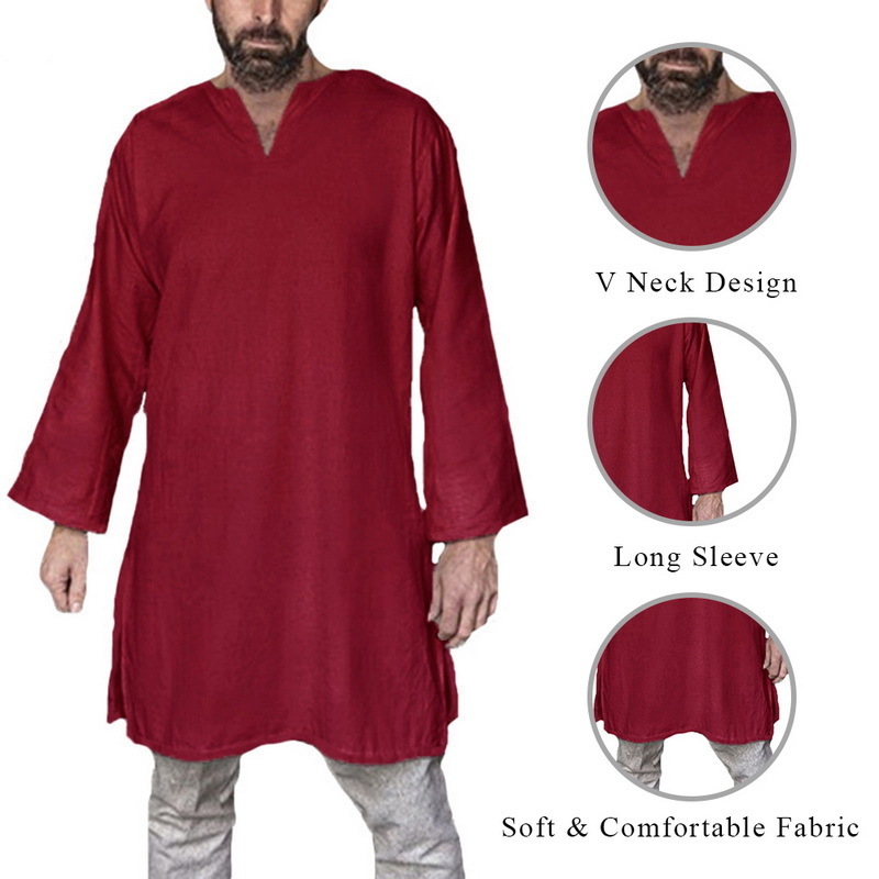 Long Shirt Men Medieval Tops Men's Long Sleeve Plain T-shirt Oversized Retro Vintage Tunic Stage Costume Knight Top 201202