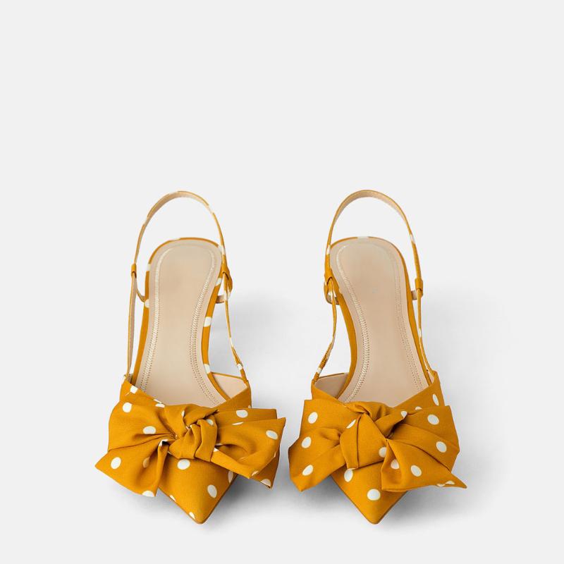 New women's shoes 2021 summer yellow polka dot bow decorated pointed high heels