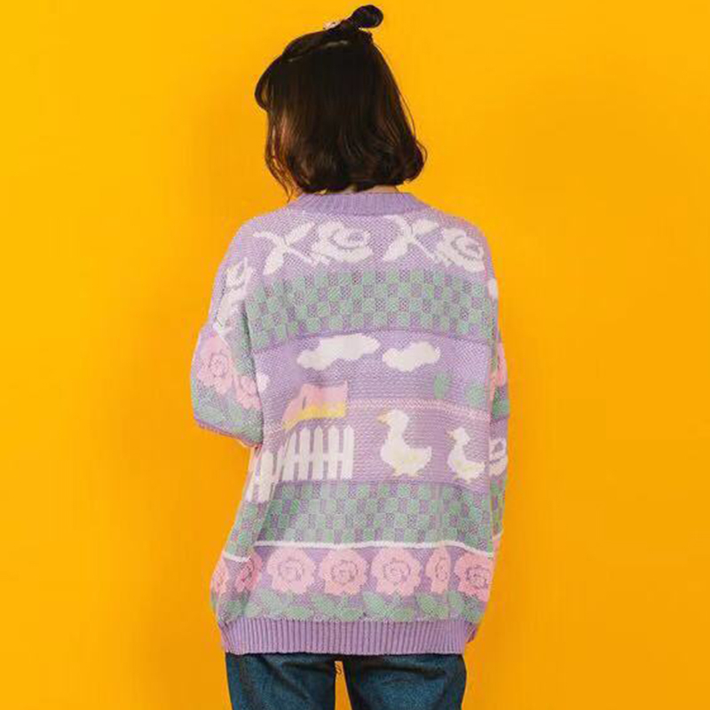 MERRY PRETTY Cartoon Duck Embroidery Knitted Sweaters Winter Thick Warm Harajuku Jacquard Sweater Women Femmf Knit Pullover 201130