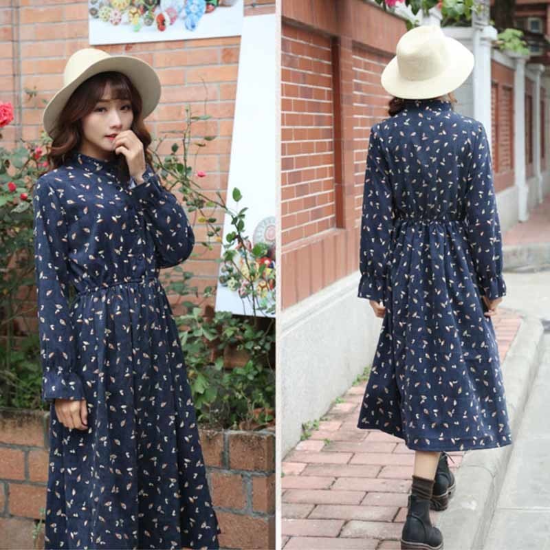 Autumn Dress Women Corduroy Plus Size Long Sleeve Cotton Dresses Floral Cherry Shirt Tunic Winter Harajuku Mori Party Dress 201125
