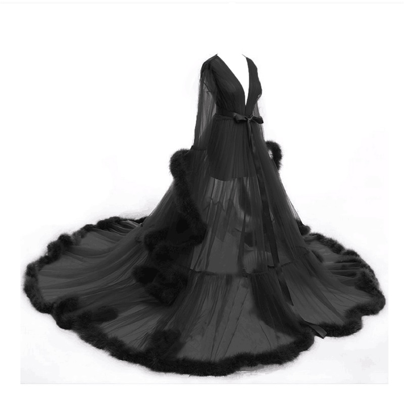 Black Fur Robe Bridesmaid Bride Long Sleeves Sleep Wear Custom Made Pajamas Wedding Robe Nightgown Soft Ruffles Tulle Sweep Train