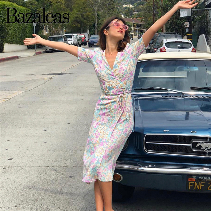 Bazaleas Vintage Gabin wrap dress France pastel hydrang Print vestido Fashion fastening tie side Buttons women midi dress Casual T200603