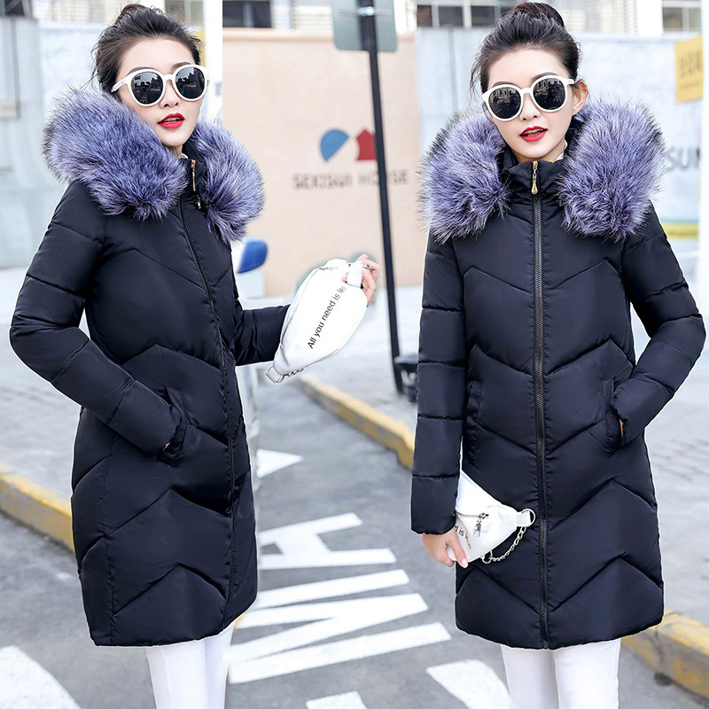 Fur collar winter coat ladies thick warm hooded long jacket women elegant slim white cotton parka women outwear DR653 201201