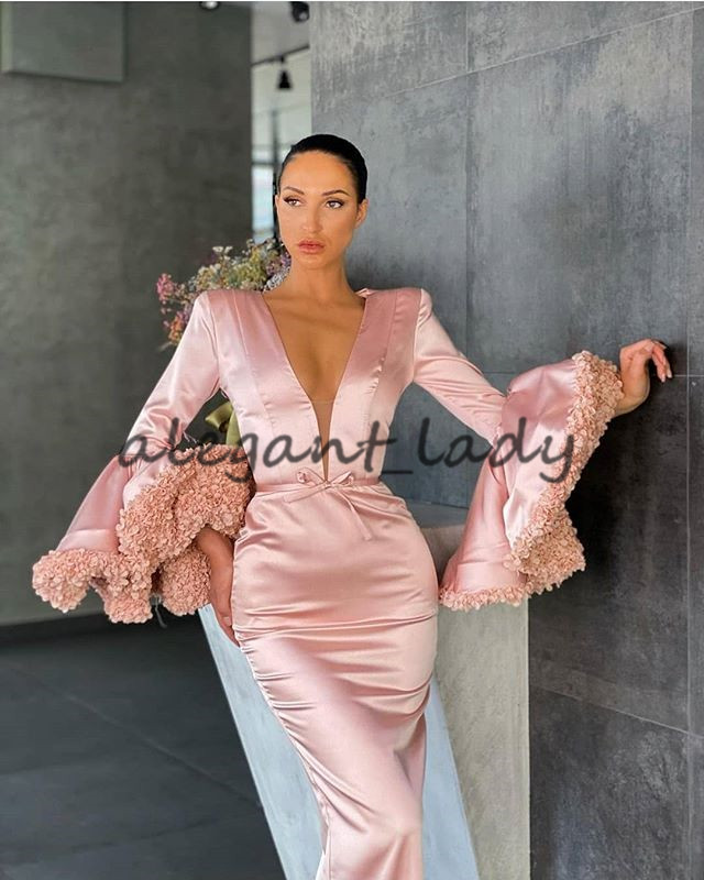 Pearl Pink Mermaid Evening Dresses 2021 Sexy V-neck Floral Long Sleeve Arabic Dubai Prom Gown vestidos formales