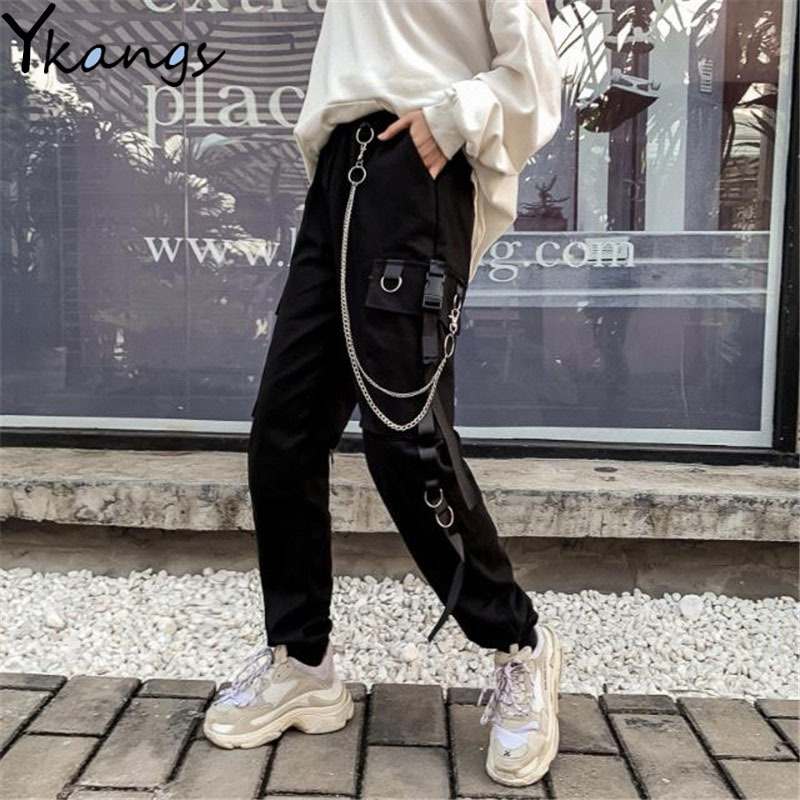 Women Men Cargo Pants Harajuku Chain Pockets Ankle Trousers High Waist Hiphop Safari Style Harem Streetwear 201109