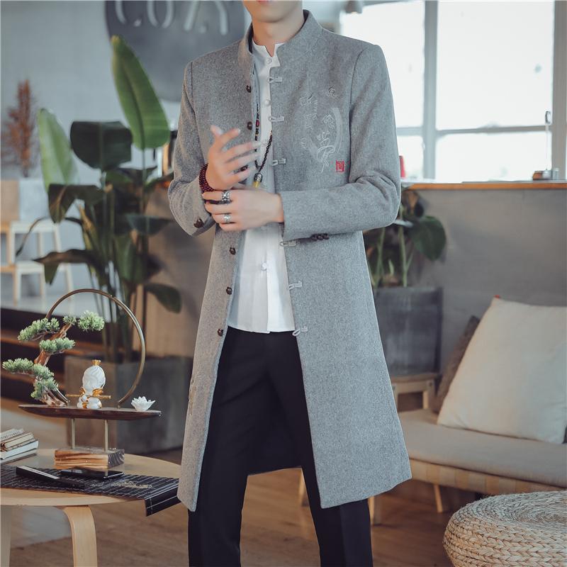 Men's Wool & Blends 2021 Mens Trench Coat Jackets Autumn Winter Chinese Style Embroidery Woolen Coats Long Windbreaker Steetwear Outwear Top