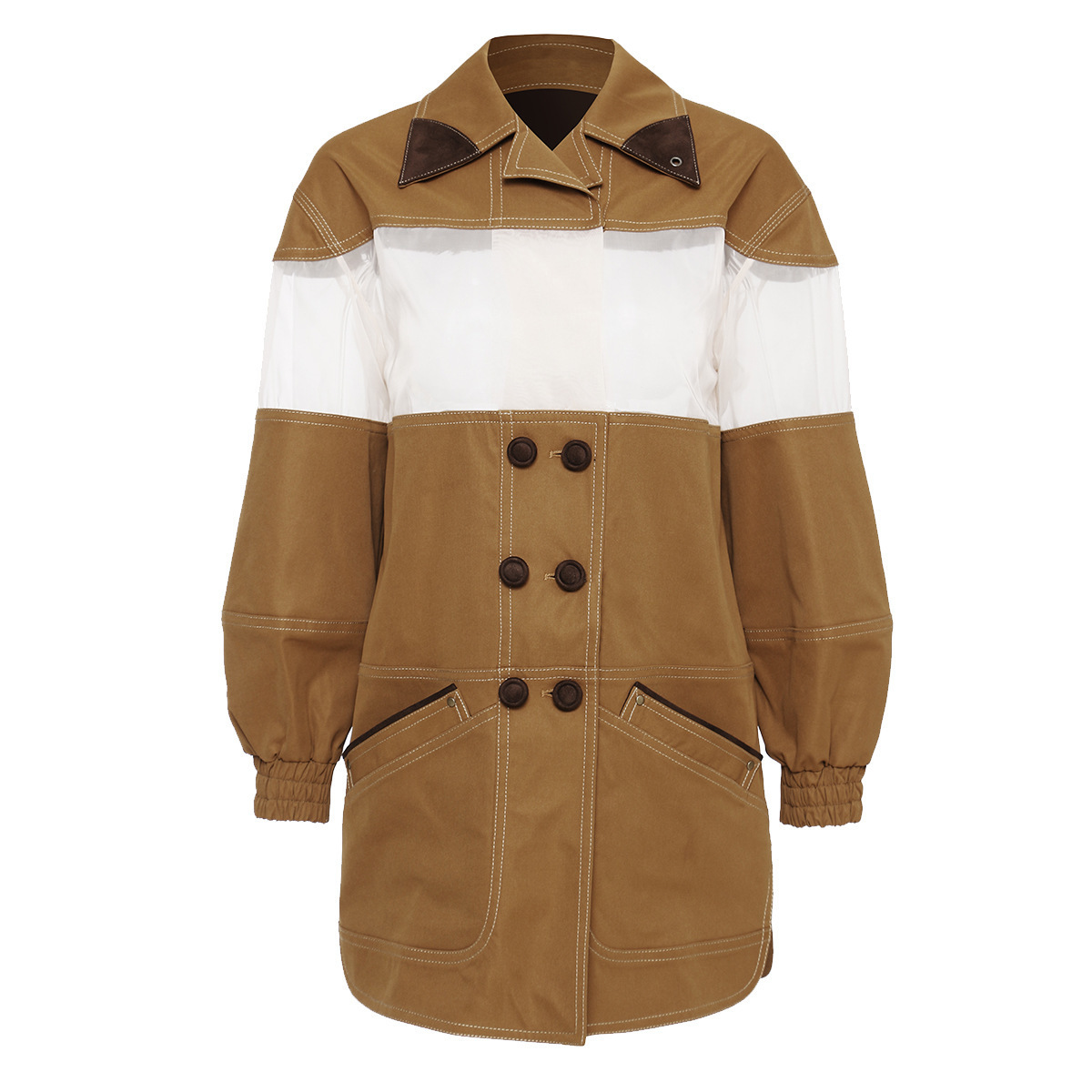 DEAT turndown collar full sleeves mesh transparent double breasted high waist kahki color jacket fashion coat WM28904L 201017