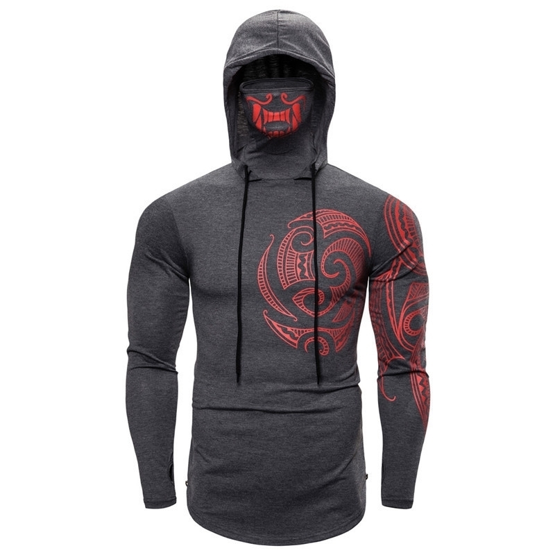 Long Sleeve Men's Hoodies with Print Mask Black Gray Elasticity Coat Moto Biker Style Cool Sweatshirts Men Thin Hoodies 201020
