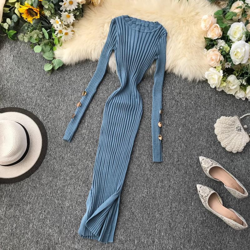 Fashion Button Sexy Slim Autumn Winter Bodycon Knit Sweater Midi Long Dress Party Women Casual Long Sleeve Split Sheath Vestidos 201008