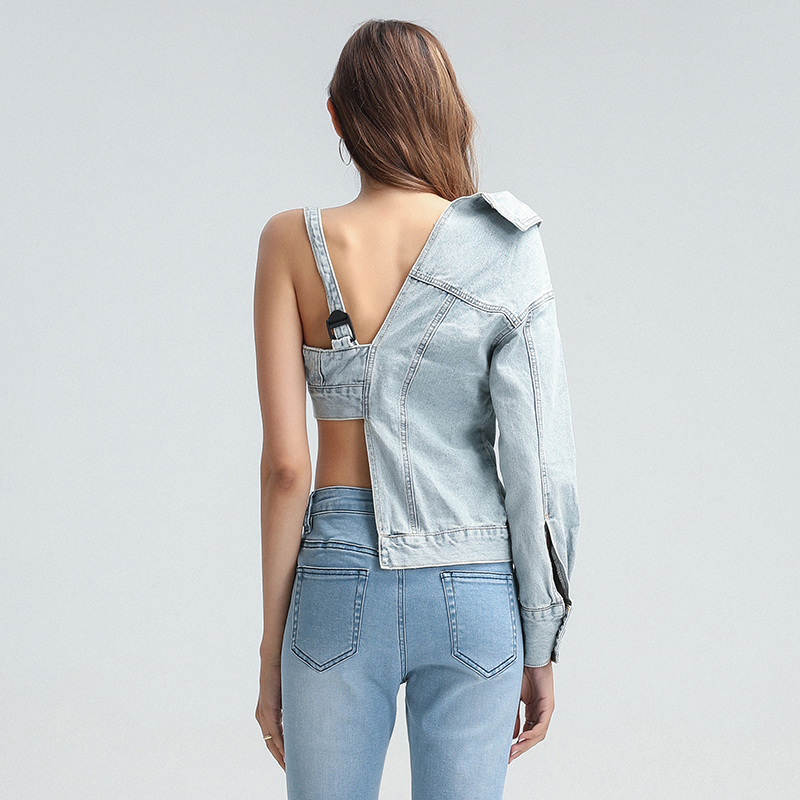 TWOTWINSTYLE Patchwork Asymmetrical Denim Women Coat V Neck One Off Shoulder Sexy Hollow Out Streetwear Coat Female Clothes 201029
