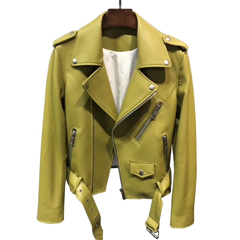 New Fashion Women Autumn Candy Color Leather Jackets Zipper Basic Sheepskin Coat Turndown Collar Biker Jacket With Belt 201030