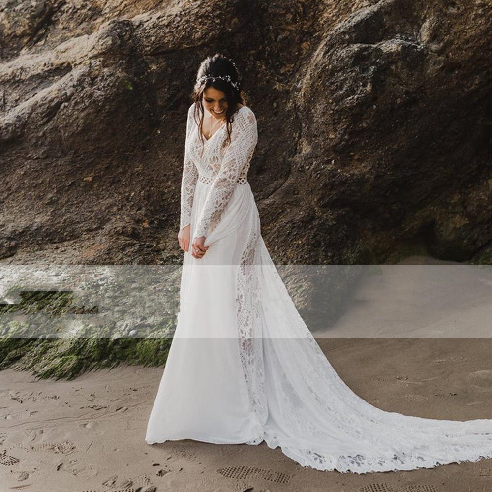 Spring Autumn Long Sleeves Beach Wedding Dresses V Neck A e Lace Chiffon Bridal Gowns Train Mariage Country Boho Bohemian Bride Dress