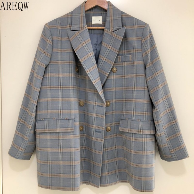 Retro Blue Large Checked Double-breasted Loose OVERSIZE Casual Suit Jacket Women Blazers 201114