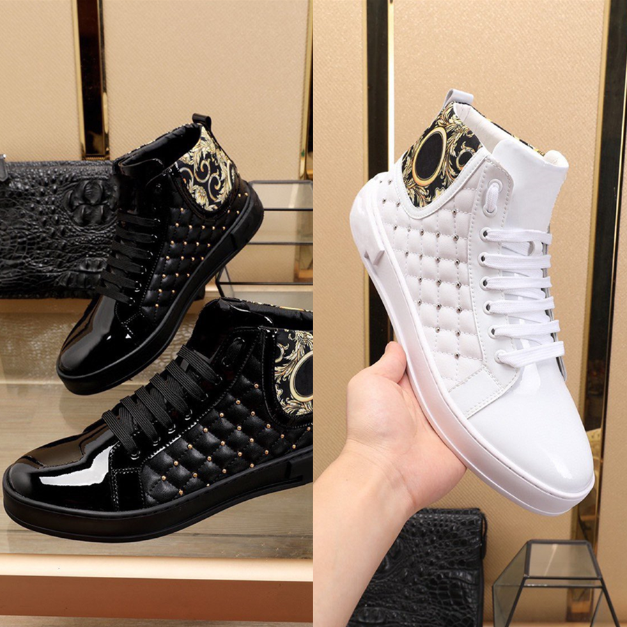 Men's high top casual shoes, black and white with riveted leather lace waterproof fabric, size 38-45
Men's high top casual shoes, black and white with riveted leather lace waterproof fabric, size 38-45