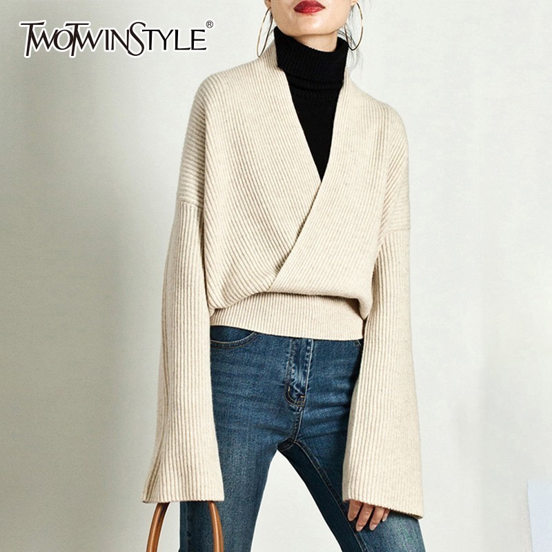 TWOTWINSTYLE Elegant Knitting Sweater Women Long Sleeve V Neck Pullover Tops Female Casual Fashion Knitwear Autumn Tide 201221