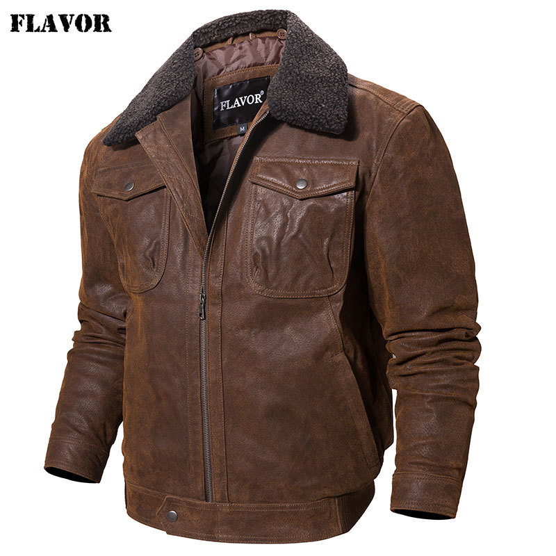 FLAVOR Men's Real Leather Jacket Genuine jacket with faux fur collar male Motorcycle warm coat 201114