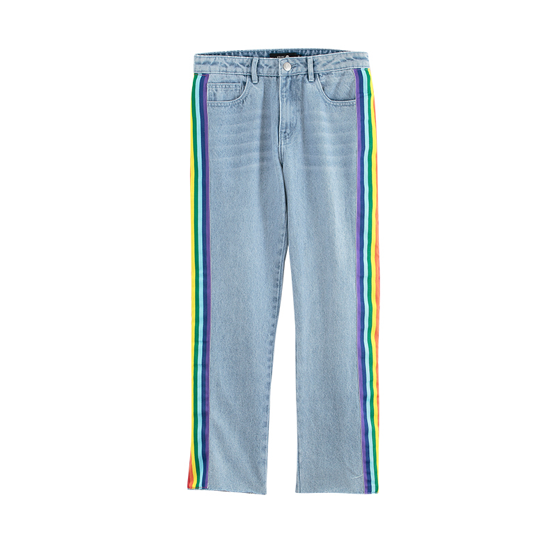 Toyouth Women Fashion Striped Rainbow Patchwork Mid Wasit Ankle Length Denim Jeans Stretch Casual Trousers 201030