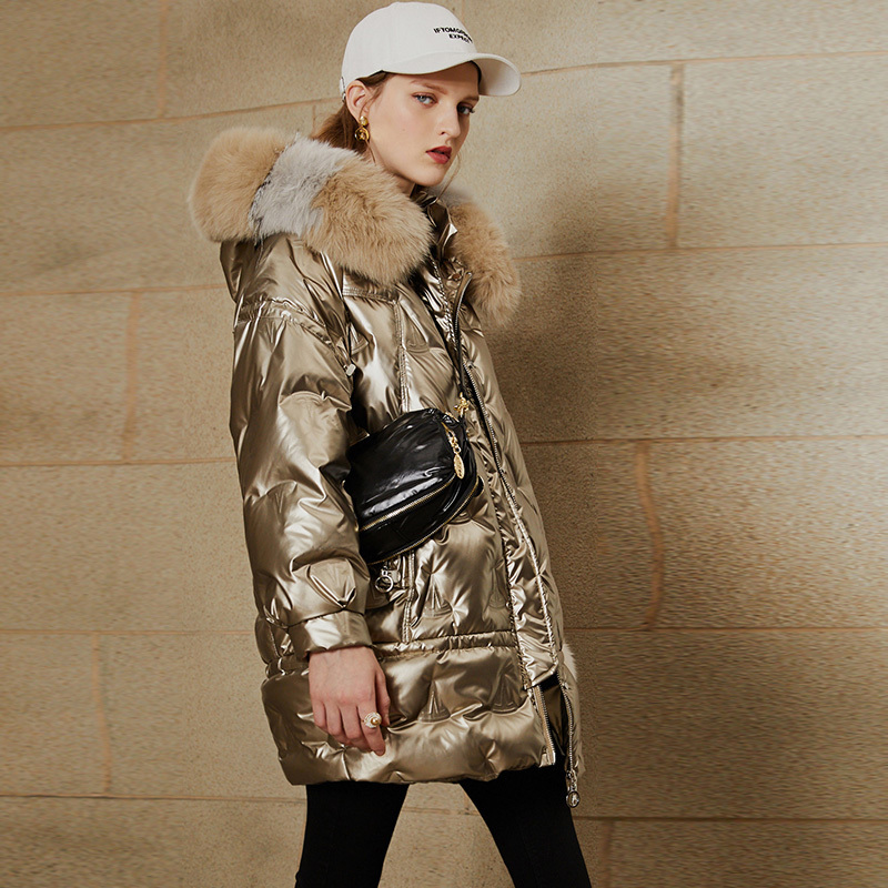 Janveny Large Natural Fox Fur Hooded Shiny Jacket New 90% Duck Down Coat Long Golden Female Winter Down Parkas Waterproof 201019
